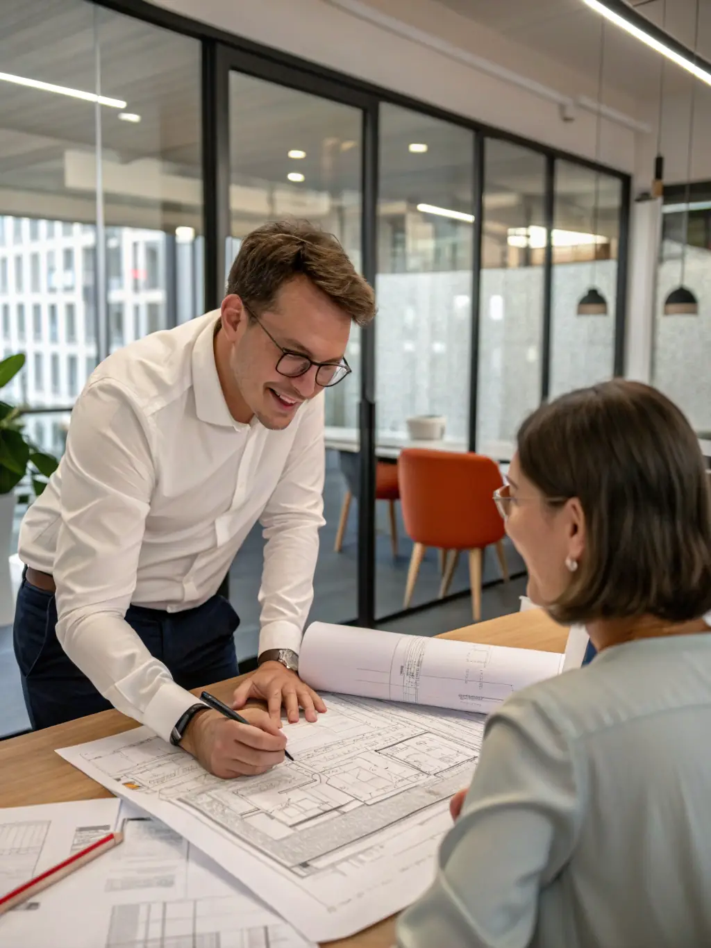 A professional consultant discussing project plans with a homeowner in a well-lit office, representing DEON1 INC's construction consulting service.
