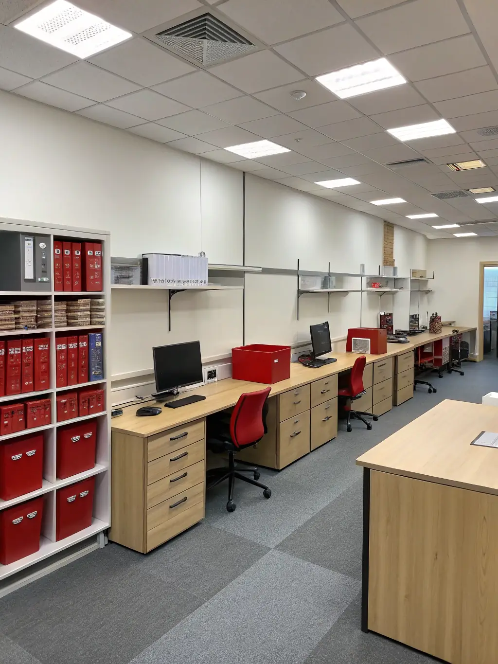 Image of a well-organized commercial office space with custom storage solutions, highlighting DEON1 INC's expertise in commercial projects.